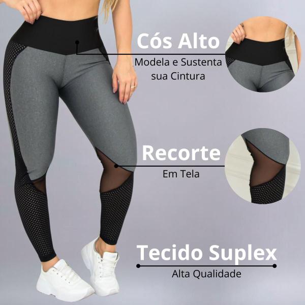 Imagem de Calça Feminina Fitness com Cós Alto Preto e Recortes em Tela para Academia