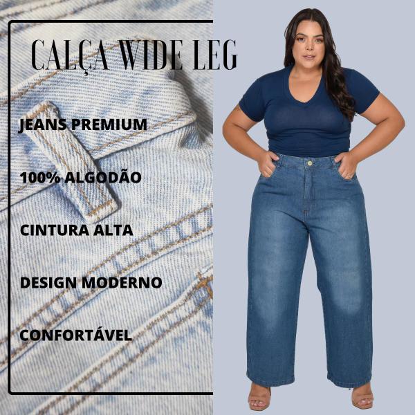 Calça Feminina Jeans Plus Size Wide Leg Reta Confortável Calça