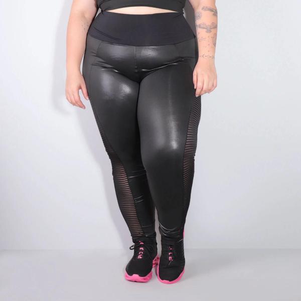 Imagem de Calça Feminina Legging Plus Size Cós Alto com Cirrê e Tela - Fitmoda