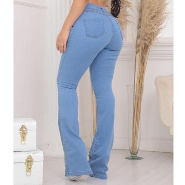Calça Flare Feminina Faraya Jeans Clara Básica Cintura Alta Com