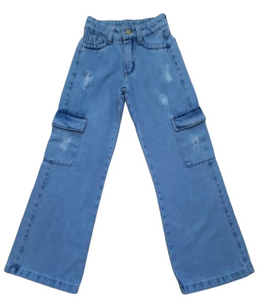 Calça Jeans Cargo Feminina Wide Leg Pantalona Infantil Juvenil tam - Main Image