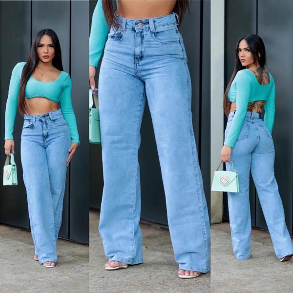Calça jeans feminina wide leg sky pantalona cintura tecido premium