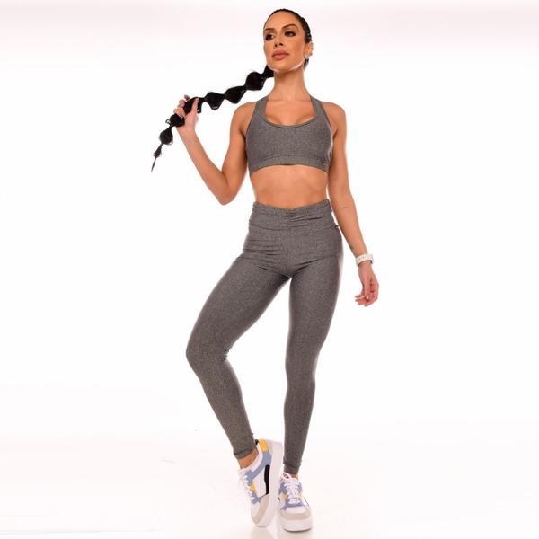 Imagem de Calça Legging Feminina Cintura Alta Fitness Cós Franzido Cinza