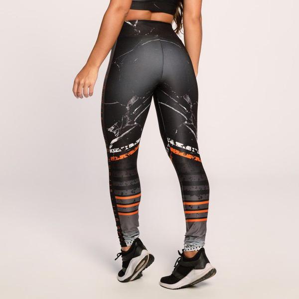 Imagem de Calça Legging Fitness Feminina Academia Suplex Estampada Preto com Laranja Strong Girl