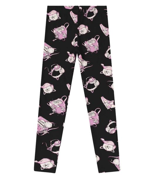 Imagem de Calça legging infantil flanelada preta estampa gatinha