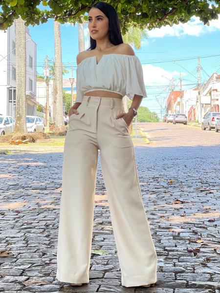 Calça Pantalona Alfaiataria Wide Leg Social Cintura Alta Calça