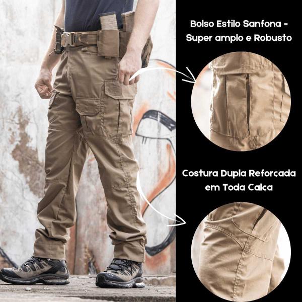 Imagem de Calça Tática Bege Caqui Coyote Militar Masculina Cargo Operacional Resistente Reforçada Rip Stop Uniforme Segurança