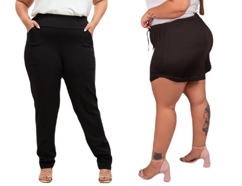 Imagem de Calça Tecido Malha Crepe Feminina Plus Size E Short Canelado Cintura Alta Moda Shortinho