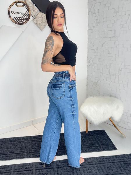 Calça wide leg pantalona perna larga com elástico na cintura