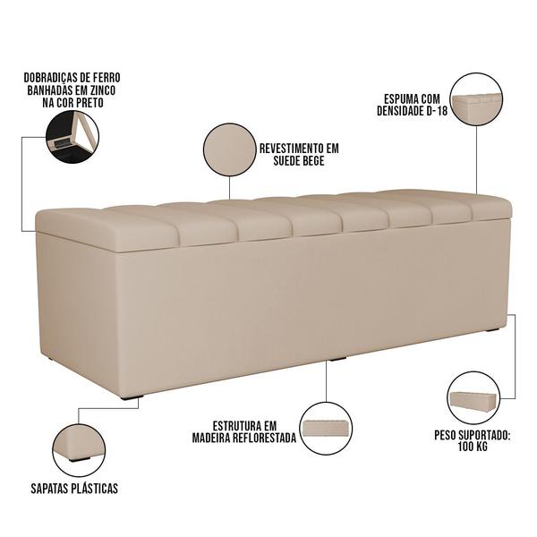 Imagem de Calçadeira Recamier Baú Para Cama De Casal Dália 140x50 Cm W01 Suede Bege - Lyam Decor