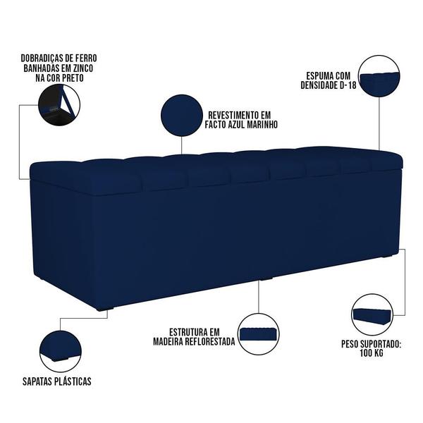 Imagem de Calçadeira Recamier Baú Para Cama De Casal King Dália 195x50 cm W01 Facto Azul Marinho - Lyam