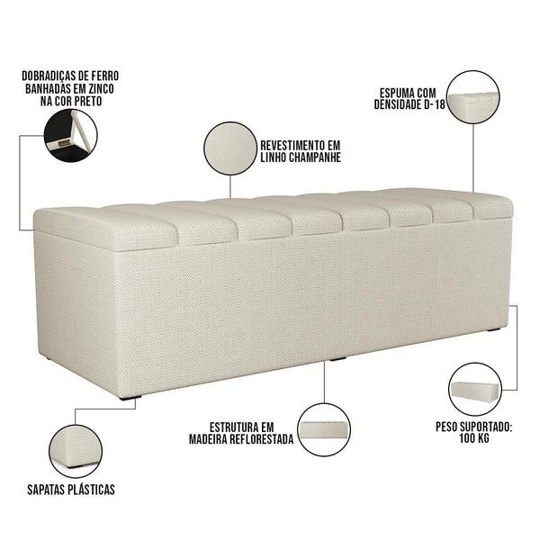 Imagem de Calçadeira Recamier Baú Para Cama De Casal Queen Dália 160x50 Cm W01 Linho Champagne - Lyam Decor