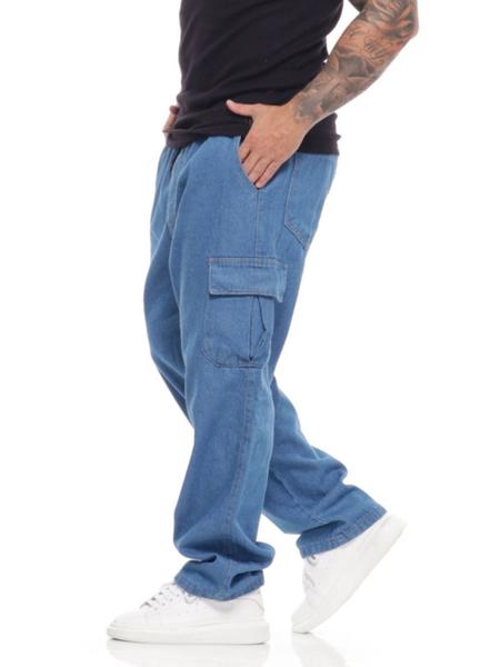Calças Cargo Masculina Jeans Larga Bolso Lateral Calças Jeans
