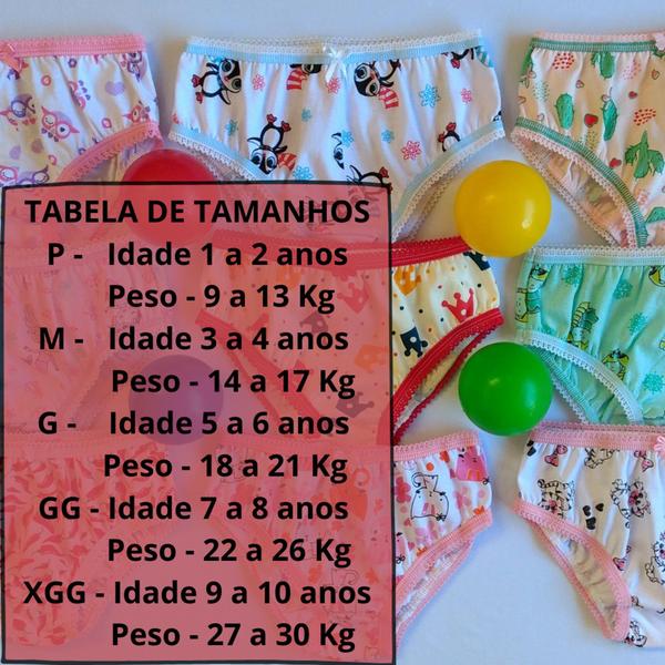 Imagem de Calcinha infantil de algodão, estampas variadas, tam P, Kit com 10 uni 