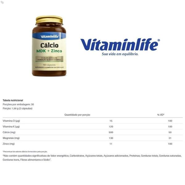 Imagem de Calcio Mdk + Zinco 60 Cápsulas Vitaminlife Sabor:Natural