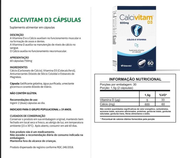 Imagem de Calcivitam D3 Cálcio e Vitamina D3 600 mg 60 Cápsulas Herbamed