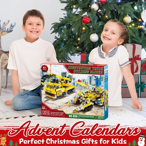 Imagem de Calendário do Advento Qinline 2024 para crianças e meninos com brinquedos de caminhão 12 em 1