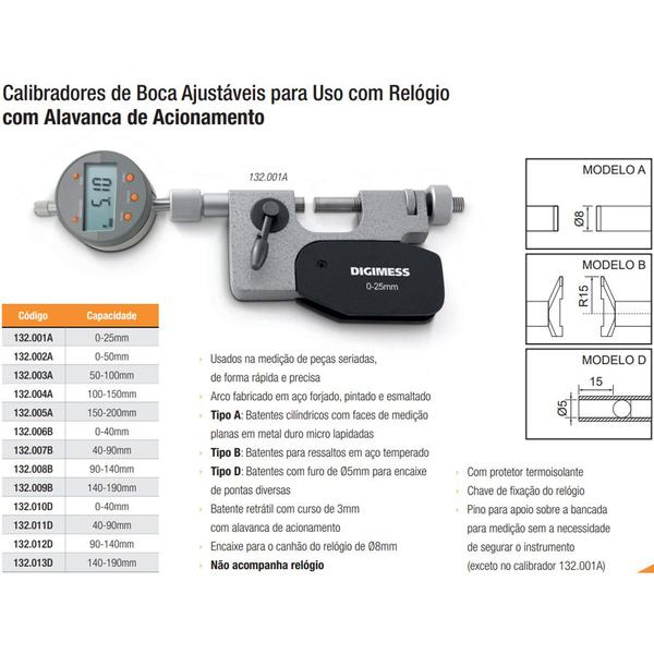 Imagem de Calibrador De Boca Com Alavanca de Acionamento Para Uso Com Relógio (0-25mm) - Ref. 132.001A - DIGIMESS