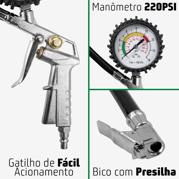 Imagem de Calibrador de Pneus Pneumático Com Manômetro 220 Libras Bico Forte