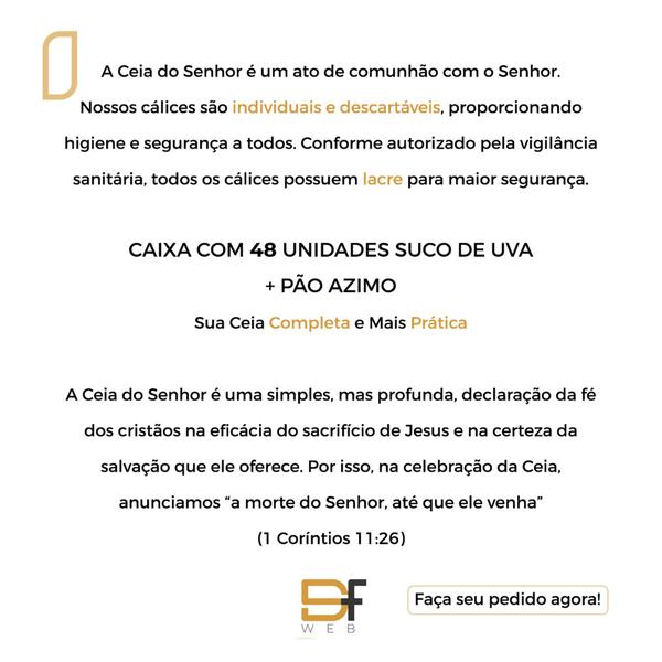 Calice Santa Ceia Suco Uva Pão Azimo Kit 5 Caixas - Em Memória de mim Imagem de Calice Santa Ceia Suco Uva Pão Azimo Kit 5 Caixas