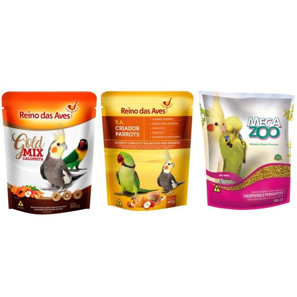 Imagem de Calopsita Gold Mix + Farinhada RA Parrots Reino das Aves + Ração Extrusada Pm13 Megazoo