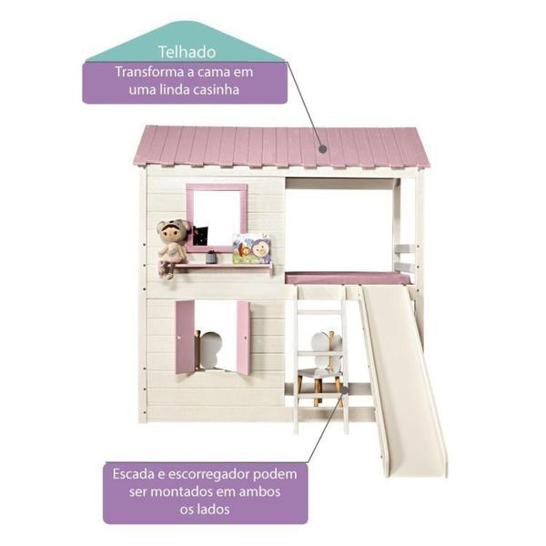 Imagem de Cama Alta Infantil Club House Premium com Escorregador e Telhado Completo Branco/Rosa - Casatema