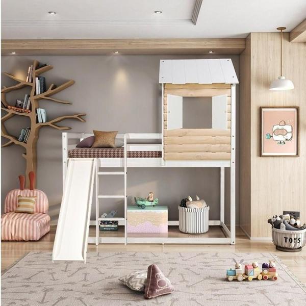 Imagem de Cama Alta Infantil Club House Wood com Escorregador Branco/Natural - Casatema