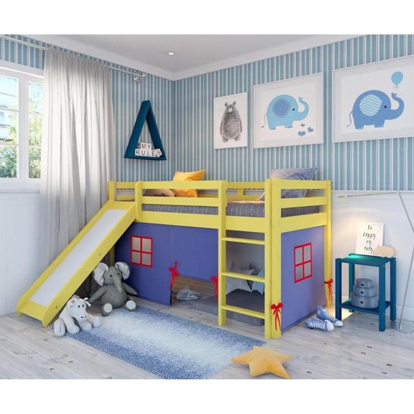 Imagem de Cama Alta Kids com Escorregador e Tenda em Madeira Maciça/MDF Amarelo/Azul