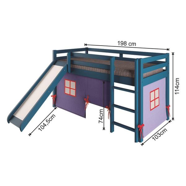 Imagem de Cama Alta Kids com Escorregador e Tenda em Madeira Maciça/MDF Azul