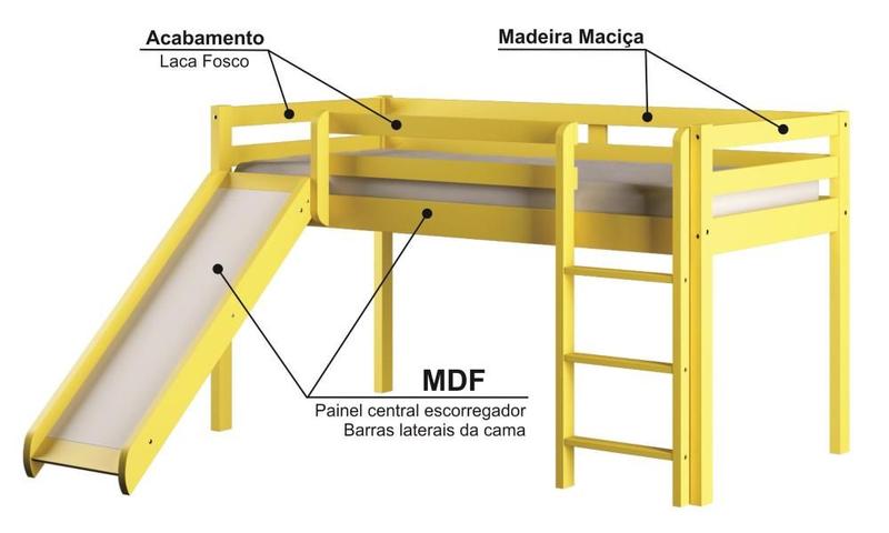 Imagem de Cama Alta Kids com Escorregador em Madeira Maciça - Amarelo