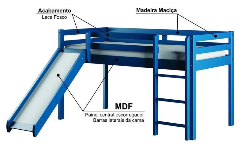 Imagem de Cama Alta Kids com Escorregador em Madeira Maciça - Azul