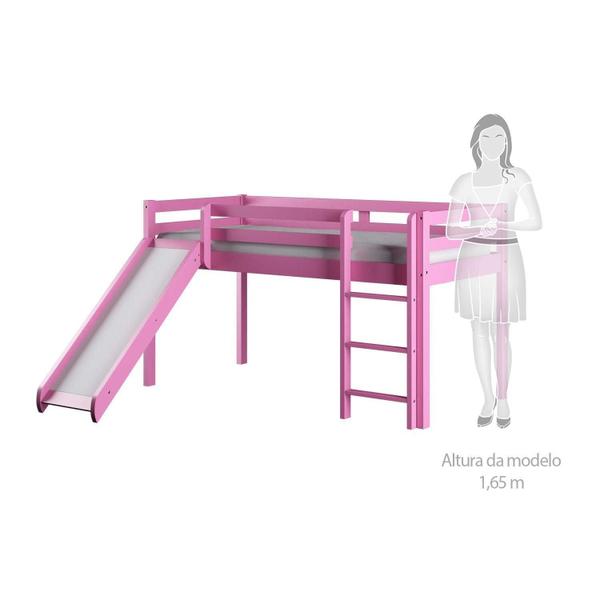 Imagem de Cama Alta Kids com Escorregador em Madeira Maciça - Rosa