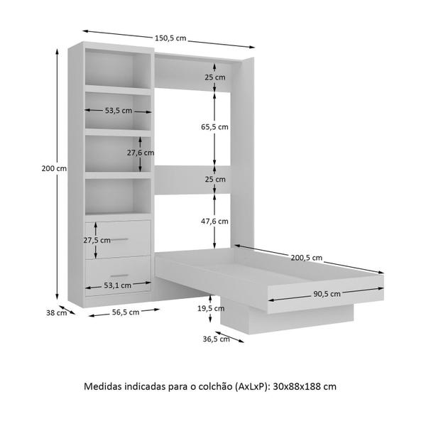 Imagem de Cama Articulada Solteiro com Estante 2 Gavetas 4 Prateleiras 8301 Foscarini