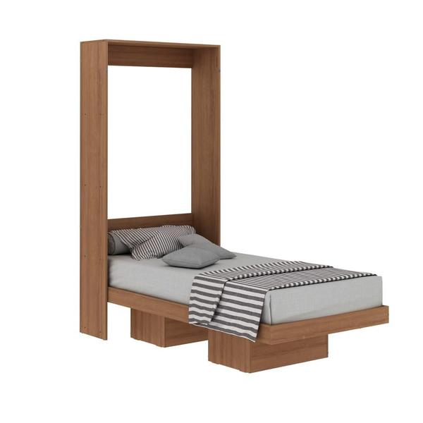 Imagem de Cama Articulada Vertical Compacta Solteiro Quarto 2 Nichos Prateleiras Multiuso Marrom Madeira