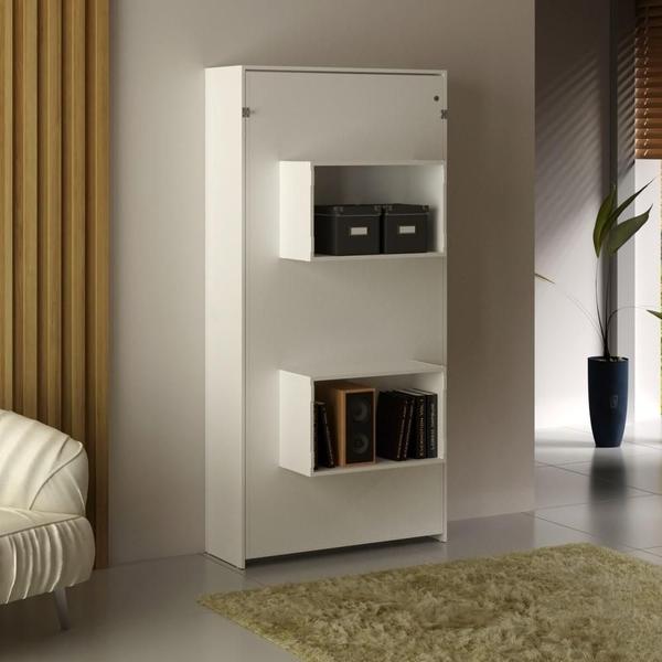 Imagem de Cama Articulada Vertical De Parede Compacta Solteiro Quarto 2 Nichos Prateleiras Multiuso Branco