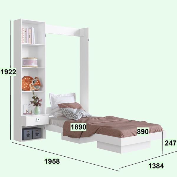 Imagem de Cama Articulável Vertical Solteiro c/ Estante 90 Vancouver Branco