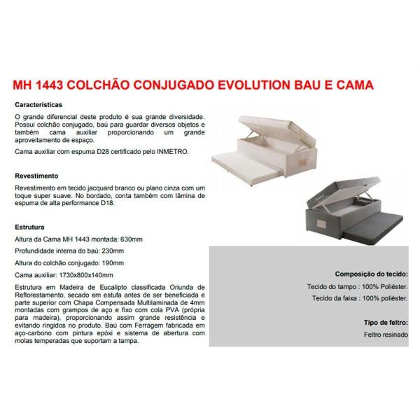 Imagem de Cama Baú c/Auxiliar Conjugado Solteiro: Colchão Molas Bonnel MH1443 Evolution White (88x188x52) Herval