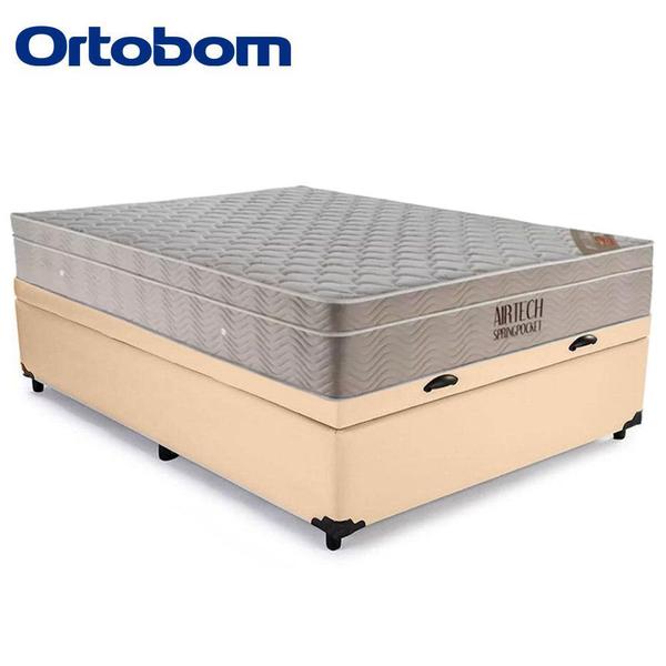 Imagem de Cama Baú Casal Sintético + Colchão Ortobom Airtech Molas Ensacadas 65x138x188 Bege