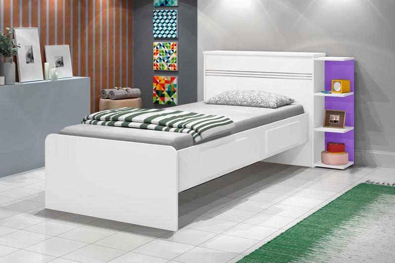 Imagem de Cama Baú JA Solteiro Com Prateleiras Laterais Para Decoração 2 gavetas 100% MDF Com Estrado em Madeira Cor Branco/Lilás