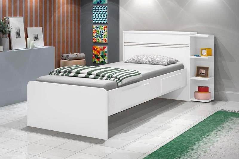 Imagem de Cama Baú JA Solteiro Com Prateleiras Laterais Para Decoração 2 gavetas 100% MDF Com Estrado em Madeira Cor Branco