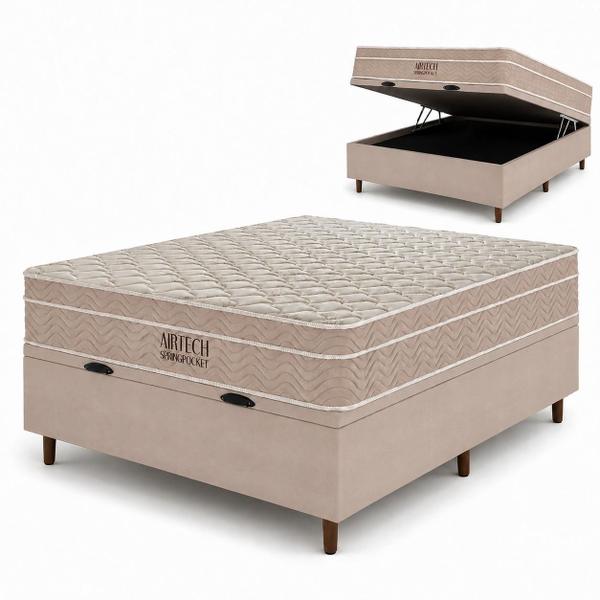 Cama Box Baú Blindado Casal Com Colchão Ortobom Airtech Pocket 138x188x67cm Macio Base ...