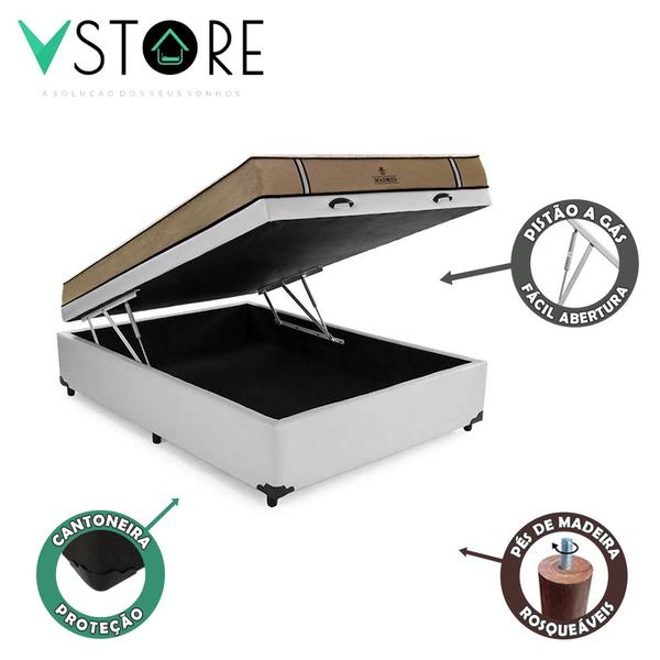 Imagem de Cama Box Baú Casal Bravus + Colchão Madrid D33 Mola Ensacada 138x188x66cm Várias Cores - Vstore