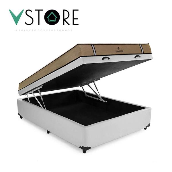 Imagem de Cama Box Baú Casal Bravus + Colchão Madrid D33 Mola Ensacada 138x188x66cm Várias Cores - Vstore