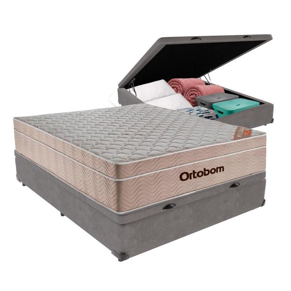 Imagem de Cama Box Baú Casal Cinza e Colchão Airtech Springpocket Molas Ensacadas Ortobom