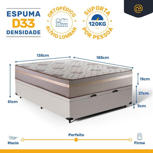 Imagem de Cama Box Baú Casal + Colchão D33 Millenium One Face Bege 138x188x61cm - Suporta até 120Kg Por Pessoa