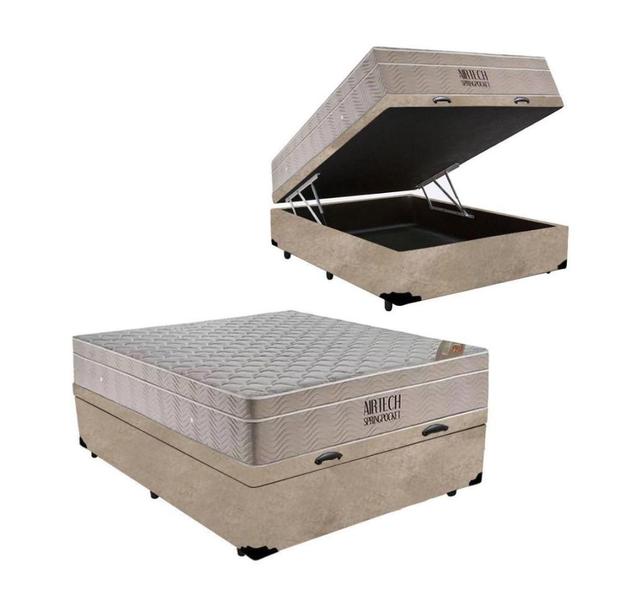 Imagem de Cama Box Baú Casal + Colchão de Molas Ensacadas Ortobom Airtech Bege 138cm - Suporta até 150 Kg Por Pessoa