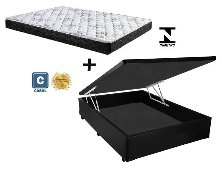 Imagem de Cama Box Baú Casal Conforto Sintético Preto + Colchão Casal Conforto Espuma D33 Com EPS 14x138x188