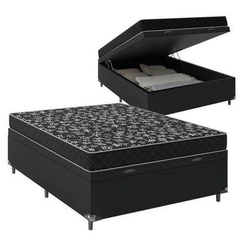 Imagem de Cama Box Baú Casal Conforto Sintético Preto + Colchão Casal Conforto Espuma D33 Com EPS 28x138x188