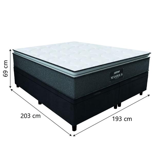 Imagem de Cama Box Baú Casal King Gazin Colchão Molas Ensacadas Pillow Top Maximus 193x203x69cm Cinza/Preto