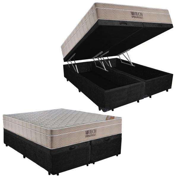 Imagem de Cama Box Baú Casal Suede Bipartido + Colchão Ortobom Airtech Molas Ensacadas 138x188x69 Preto